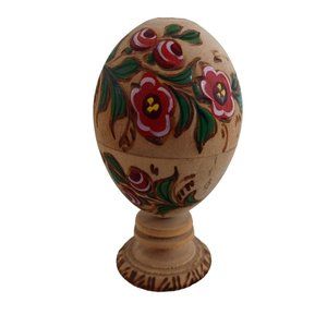 Vtg Handmade 3.25" xWood Egg Trinket Box w/Pedestal 1980's Floral Red Blue